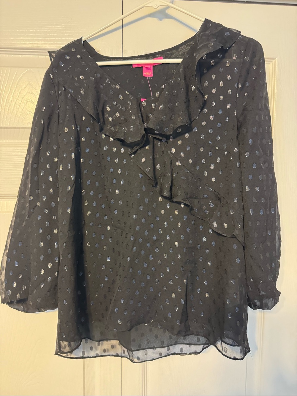 Lilly Pulitzer Black Ruffle Blouse with Silver and Blue Metallic Dots
